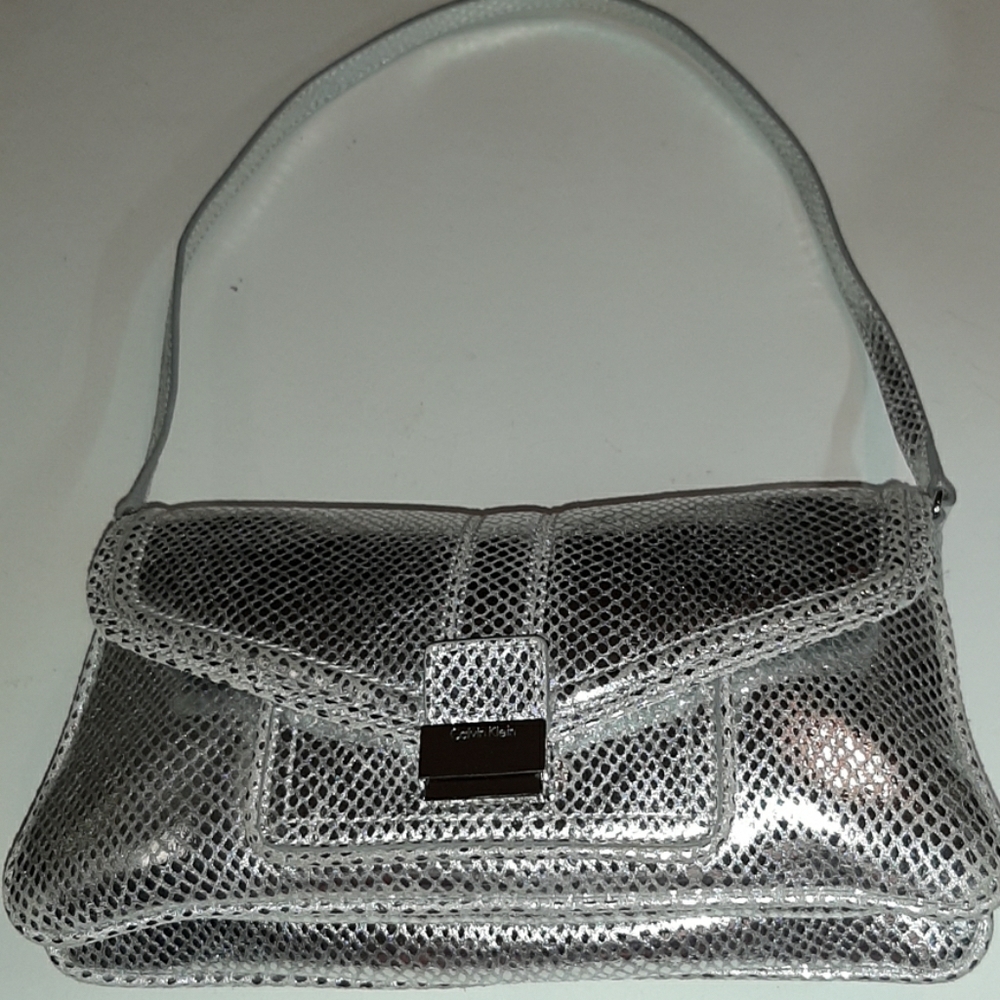CALVIN KLEIN METALLIC SILVER SNAKE EMBOSSED  PURSE